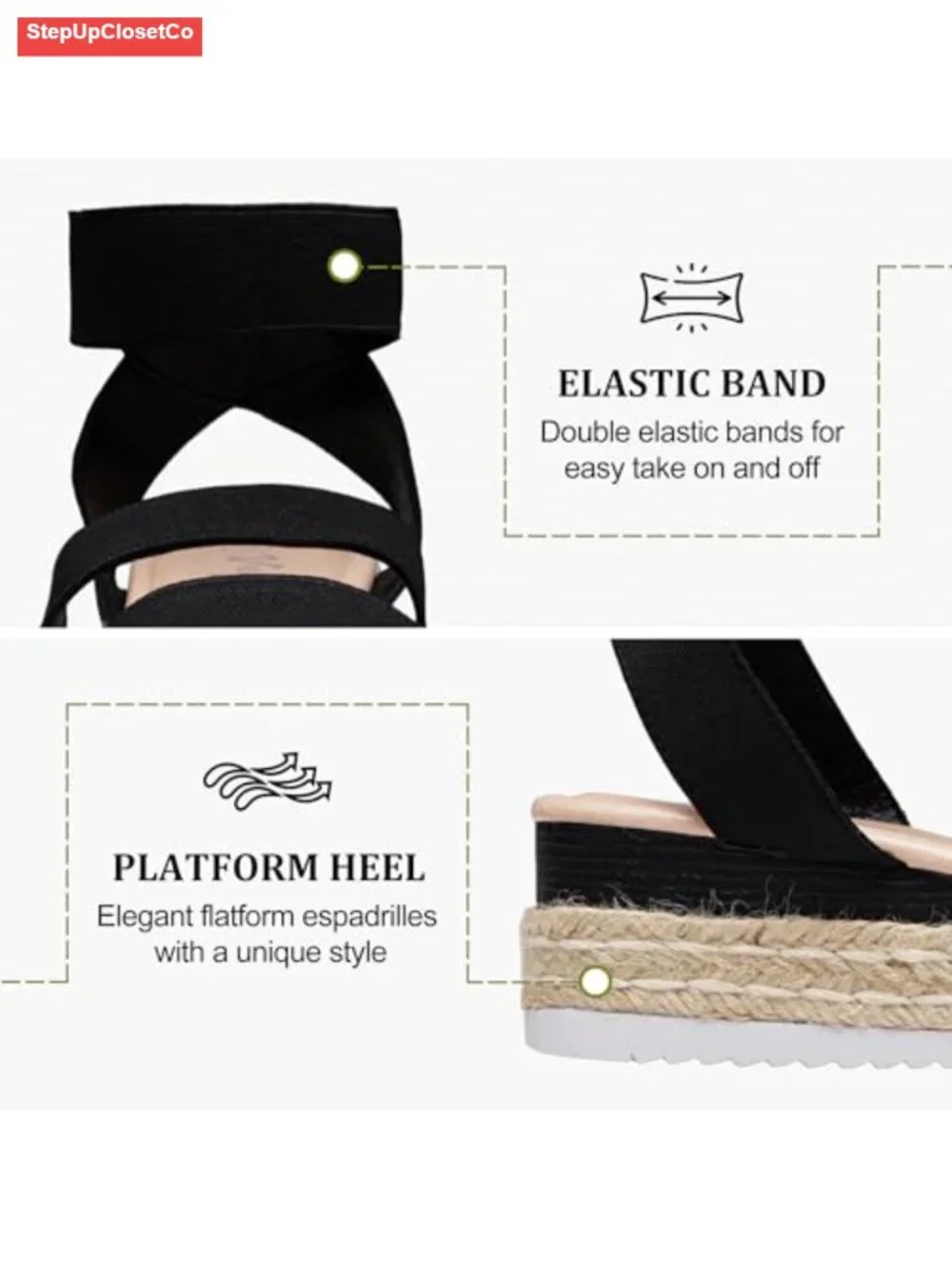 Women's Platform Wedge Sandals, Triple Elastic Strap, Open Toe Espadrille
